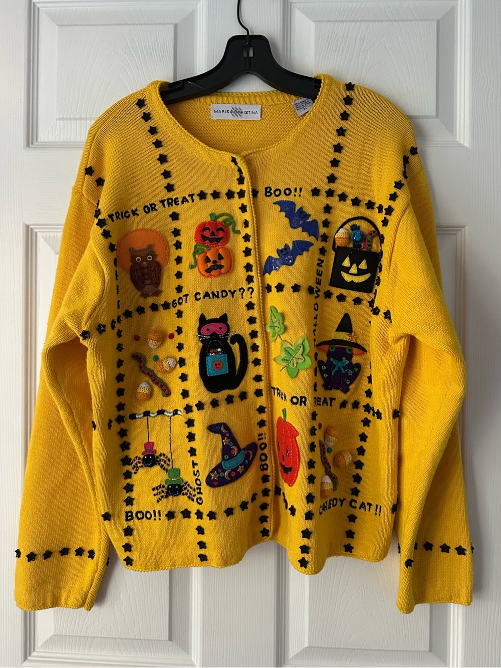 Marisa Christina Halloween Cardigan Sweater Large Yellow Pumpkin Owl XL Vintage